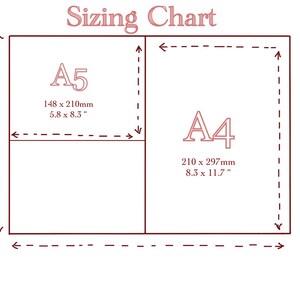 May include: A sizing chart graphic with red text and outlines on a white background. It displays A3, A4, and A5 paper dimensions in both millimeters and inches. The text includes Sizing Chart, A3 297 x 420mm 11.7 x 16.5", A5 148 x 210mm 5.8 x 8.3", and A4 210 x 297mm 8.3 x 11.7".