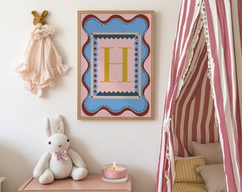 Colourful Wavy Letter Print, Personalised Wall Art. Kids bedroom decor