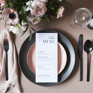 Menú de boda minimalista moderno - Blanco y negro - Plantilla editable - Imprimible - Descargable - Personalizado