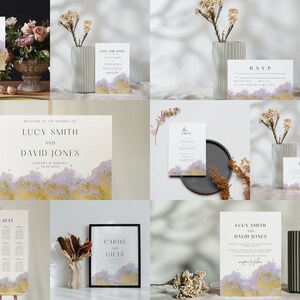 Aquarel bruiloft briefpapier en bewegwijzering sjabloonbundel (bewerkbaar) - uitnodiging, bewaar deze datum, RSVP, menu, welkom, zitplaatsen, geschenken