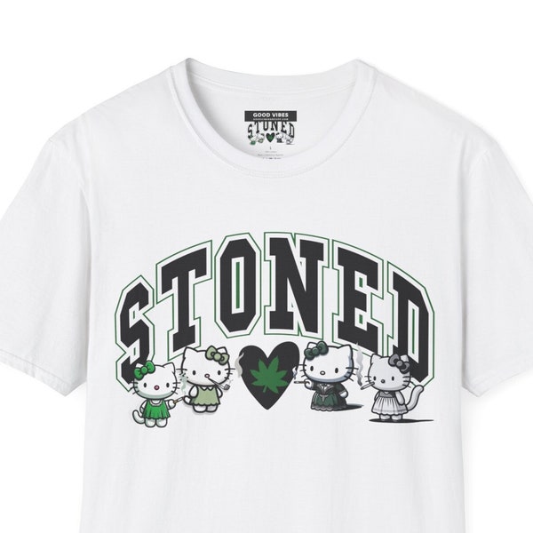 T-shirt Stoned Cats - Amoureux des chats kawaii mignons - 420 cadeaux pour femme - T-shirt mignon cannabis - Art unique inspiré de Hello Kitty - Best Friends Buds