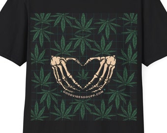 Stoner T-Shirt - Black Green Skeleton Heart Weed Leaf Tee - Magical Marijuana Shirt - Cute Cannabis Top - Goth Clothes with Bones Love Weed