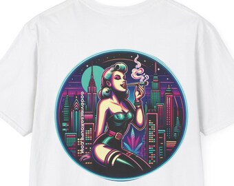 Stoner T-Shirt Neon Circle - Beautiful Women Smoking Weed - Matching Round Stickers Available - Graphic Tee - Cyberpunk City Inspired