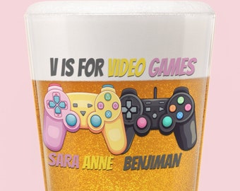Pint Glass - Couples Controllers - V is for Valentine's Day or Video Games - Custom Text - Barware - Drinkware - Color and Font Options