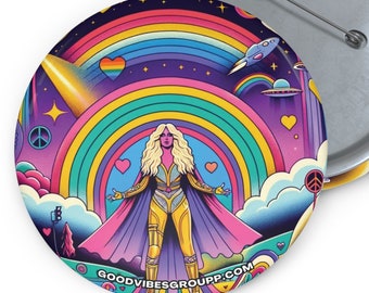 Space Woman Pin Button - Kesha Rainbow Inspired - Good Vibes - Energy Heart Moon Stars - Body Positivity & Rainbow Love Series