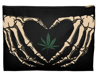 Black and green skeleton heart hand weed leaf zip pouch. Stoner gothic cable charger organizing bag traveling. Makeup bag. 420 Gift for Her.