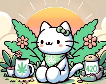 Sticker Cat Cannabis - White and Transparent Kiss-Cut Stickers - 4 Sizes - 420 Vinyl Decal - Hello Kitty Inspired Weed - Cat Nature Lovers