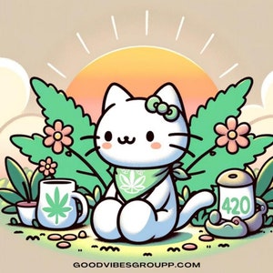 Sticker Cat Cannabis - Pegatinas Cortas Beso Blancas y Transparentes - 4 Tamaños - 420 Calcomanías de Vinilo - Hierba Inspirada en Hello Kitty - Amantes de la Naturaleza de los Gatos