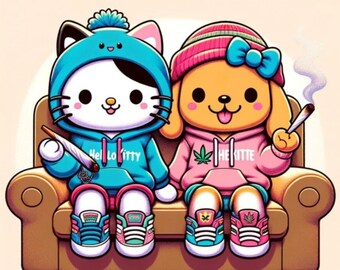 Sticker Best Buds Cat Dog  - White Kiss-Cut Stickers - 4 Sizes Available - 420 Vinyl - Cute Hello Kitty Inspired - Cat Weed Gift - Cat Lover