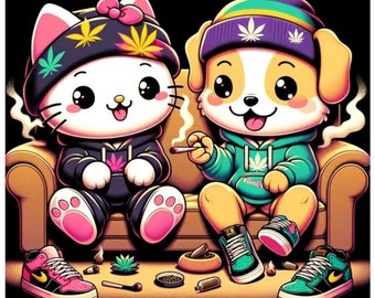 Sticker Best Buds Cat Dog  - White Kiss-Cut Stickers - 4 Sizes Available - 420 Vinyl - Cute Hello Kitty Inspired - Cat Weed Gift - Cat Lover