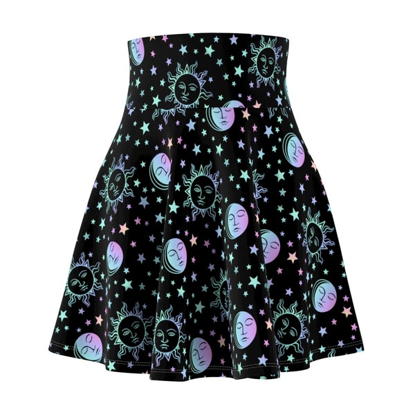 Falda elástica elástica arcoíris negra con lunas, sol y estrellas. Falda cómoda celestial con vibraciones espaciales de galaxia azul púrpura