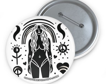 Peace Pin Button - Black and White Safety Pin Back - Kesha Rainbow Inspired - Good Vibes - Heart Moon Peace - Body Positivity & Love
