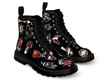 Gothic Black Combat Boots with mushrooms, cat, moon, sun, crystal, frog, tea, vampire and more created in collaboration with student Nev.