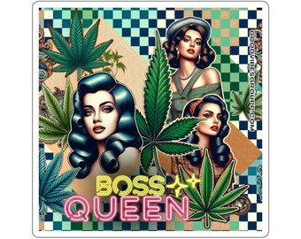 Sticker Boss Queen 50s Pinup - White or Transparent Kiss-Cut - 4 Sizes  420 Marijuana Vinyl - Cannabis Culture - Water Bottle Sticker
