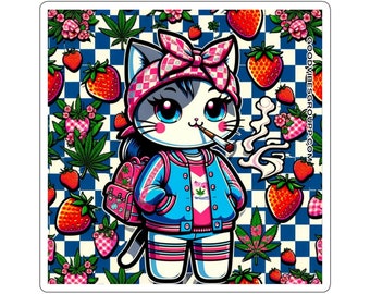 Sticker Strawberry Cutie Cat - White Kiss-Cut Stickers - 4 Sizes Available - 420 Vinyl - Cute Hello Kitty Inspired Weed Gift