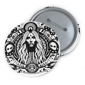 May include: Black and white button featuring a woman with long hair, a peace sign, and a psychedelic design with stars, moons, and UFOs. The text "GOODVIBESGROUPP.COM" is at the bottom.