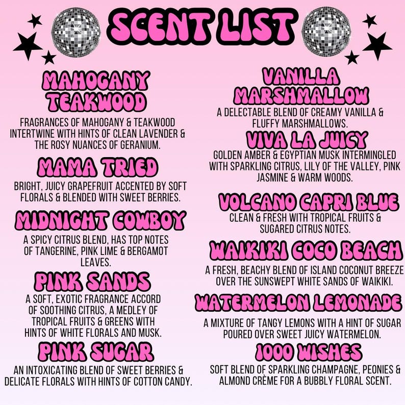 a pink poster with a list of items