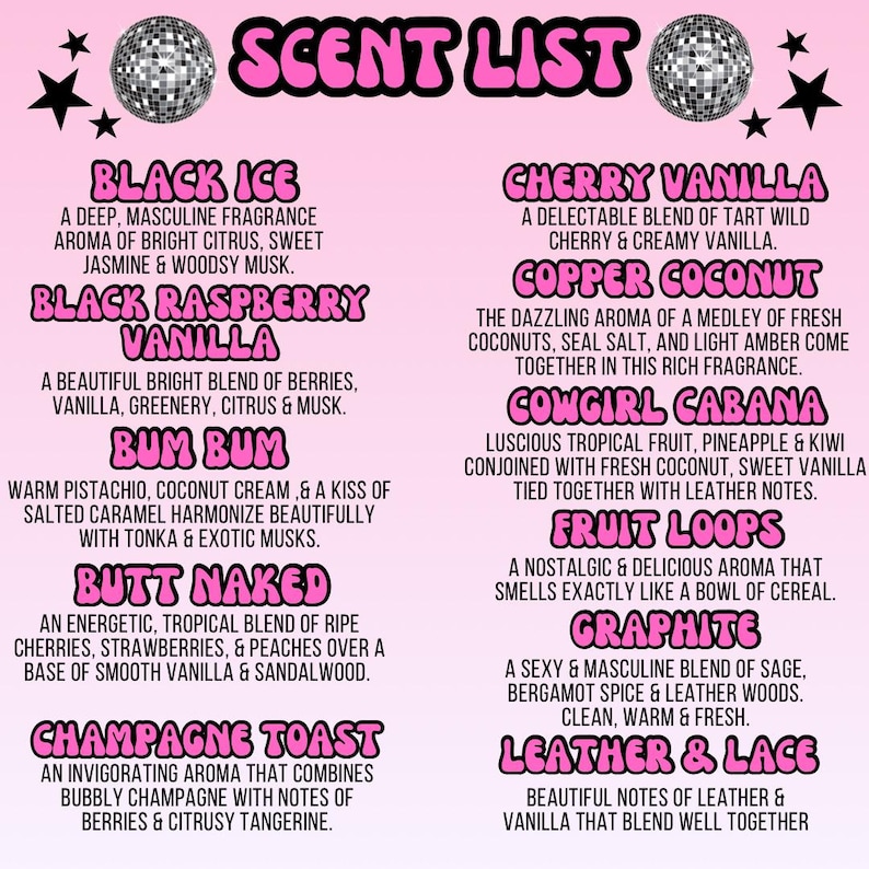 a pink poster with a list of items on it