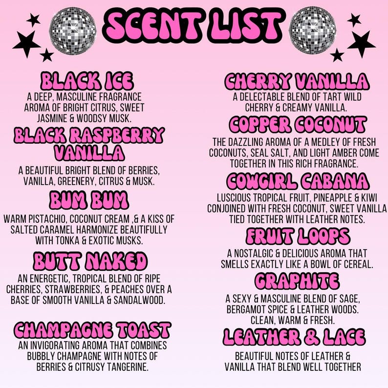 a pink poster with a list of items on it