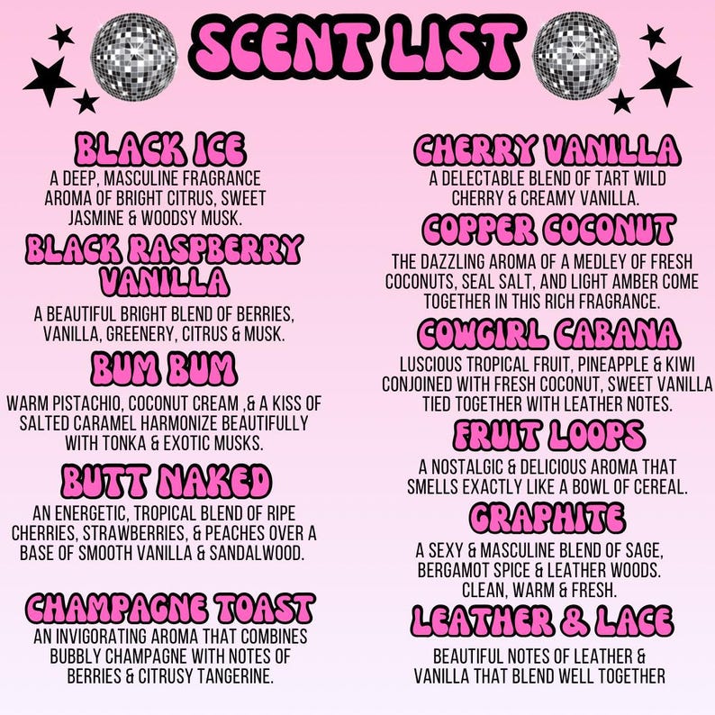 a pink poster with a list of items on it