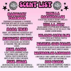 a pink poster with a list of items