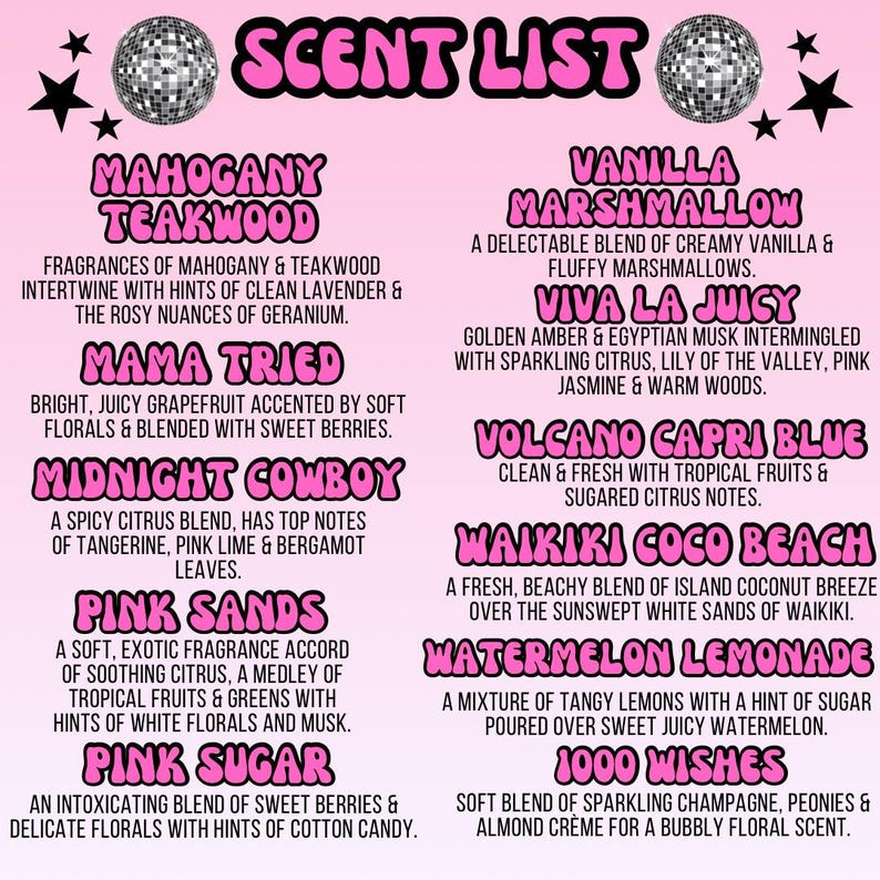 a pink poster with a list of items