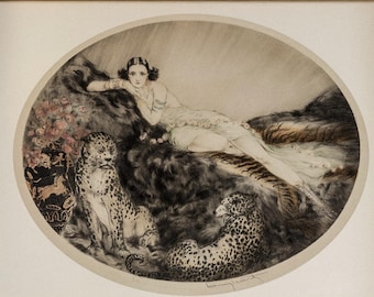Louis Icart vintage illustration Thaïs  ( Lady with Leopards )Museum print and Canvas wall art reproduction