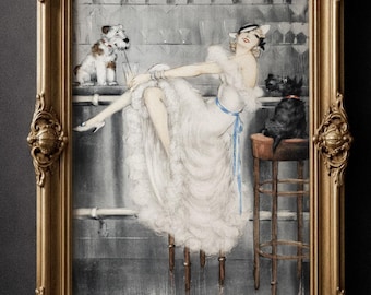 Louis Icart illustration Au Bar. In the bar. Woman with pair of dogs. Museum matte print and canvas wall art reproduction