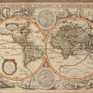 Riproduzione di poster di mappa del mondo antico di Jodocus Hondius