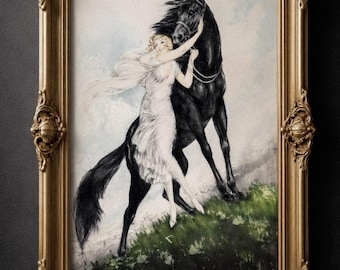 Louis Icart illustration La Femme au cheval  ( Woman with Horse ) Museum print and canvas wall art reproduction