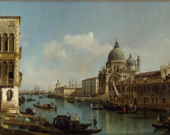 Puede incluir: Una pintura que representa una escena de canal en Venecia, Italia. La pintura presenta un gran edificio blanco con una cúpula en el lado derecho de la imagen. Hay varias góndolas en el agua, y el cielo es azul claro con nubes blancas.