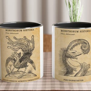 Può includere: Due tazze in ceramica bianca con interno nero e manici argentati. Ogni tazza presenta un'illustrazione vintage di una creatura mitica con testo. Le tazze sono su una tovaglia a scacchi.
