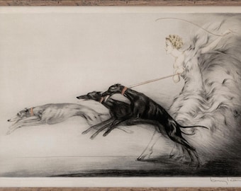 Louis Icart Speed 1927 Woman with greyhound dogs on the leash. Wall art decor repro. Fine Art Print.