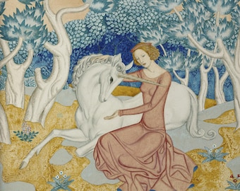 The Maid and the Unicorn painting by Edmund Dulac. Museum and Premium Matte print and canvas wall art