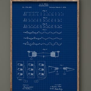 Pode incluir: Um projeto emoldurado do telégrafo de A. G. Bell, patenteado em 7 de março de 1876. O diagrama é em branco sobre um fundo de grade azul, com desenhos técnicos e texto. A moldura é de cor castanho claro.