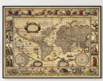 William Blaeu Gold Foil Reproduction of His 1605 Map of the World
