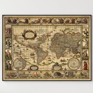 Ancient world map print reproduction. Poster of antique vintage old map of 1647.