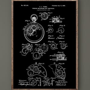 May include: A framed black and white print of a watch mechanism patent drawing. The detailed illustration shows the internal components of a timepiece, including gears, springs, and the winding mechanism. The patent number and inventor's name are visible.