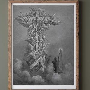 May include: A framed monochrome print of a religious artwork. The image shows a cross formation composed of figures, angels, and clouds. Two figures are positioned in the lower right. The frame is made of light brown wood.