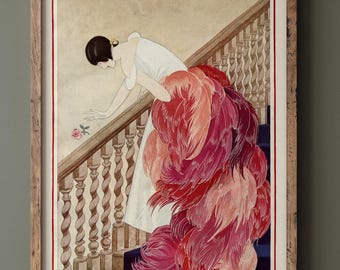George Wolfe Plank vintage fashion magazine illustration. Woman on staircase throwing down rose flower. Fine art print