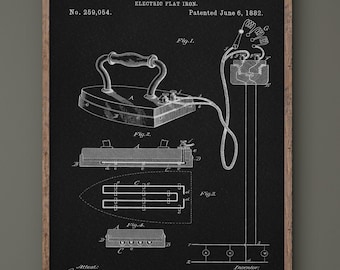May include: A framed vintage patent illustration of an electric flat iron, dated June 6, 1882. The black and white drawing shows the iron, its components, and wiring, with the inventor's name and patent number. The frame is a natural wood color.