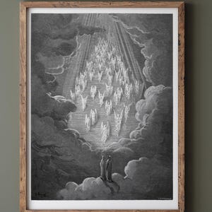 May include: Framed monochrome print showing a celestial ascent. The artwork features figures climbing a staircase towards a bright light, surrounded by clouds. Numerous angelic figures are visible, creating a dramatic and awe-inspiring scene.