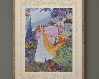 The Beauty with Golden Hair fairy tale illustration vintage print reproduction by Umberto Brunelleschi. Fine art print.