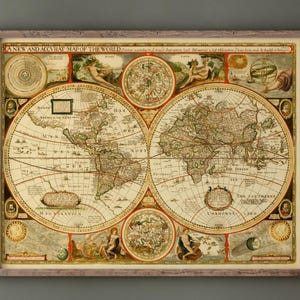 May include: A framed antique map of the world, featuring detailed cartography and decorative elements. The map is in a wooden frame and displays continents, oceans, and illustrations. The title "A New and Accurat Map of the World" is visible.