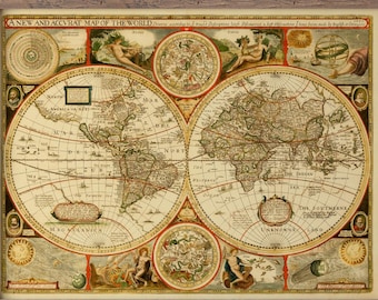 1651 World Map Print, XVII Century Double Hemisphere Cartography