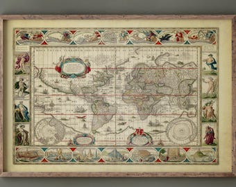 1638年の古代世界地図。美しいイラストが描かれたアンティーク地図の
