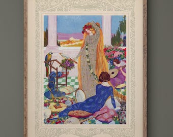 The Beauty with Golden Hair fairy tale illustration III vintage print reproduction by Umberto Brunelleschi. Fine art print.
