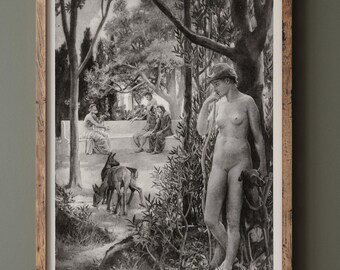 Peut inclure: Tirage encadré en noir et blanc d'une scène classique. Une figure nue se tient avec un chien, tandis que d'autres sont assis à proximité. L'impression est dans un cadre en bois. Le texte "historicalimages" est dans le coin inférieur gauche.