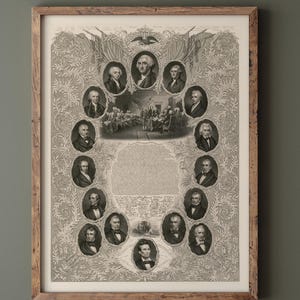 The Declaration of Independence and portraits of the United States  presidents. Fine art print reproduction. Wall art decor