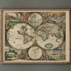 Alte Weltkarte von 1689. Eine schöne illustrierte antike Kartenreproduktion. Kunstdruck auf Leinwand. Remastered Wanddekor